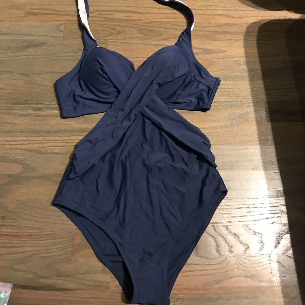 Navy one piece halter top with cutout bathing suit